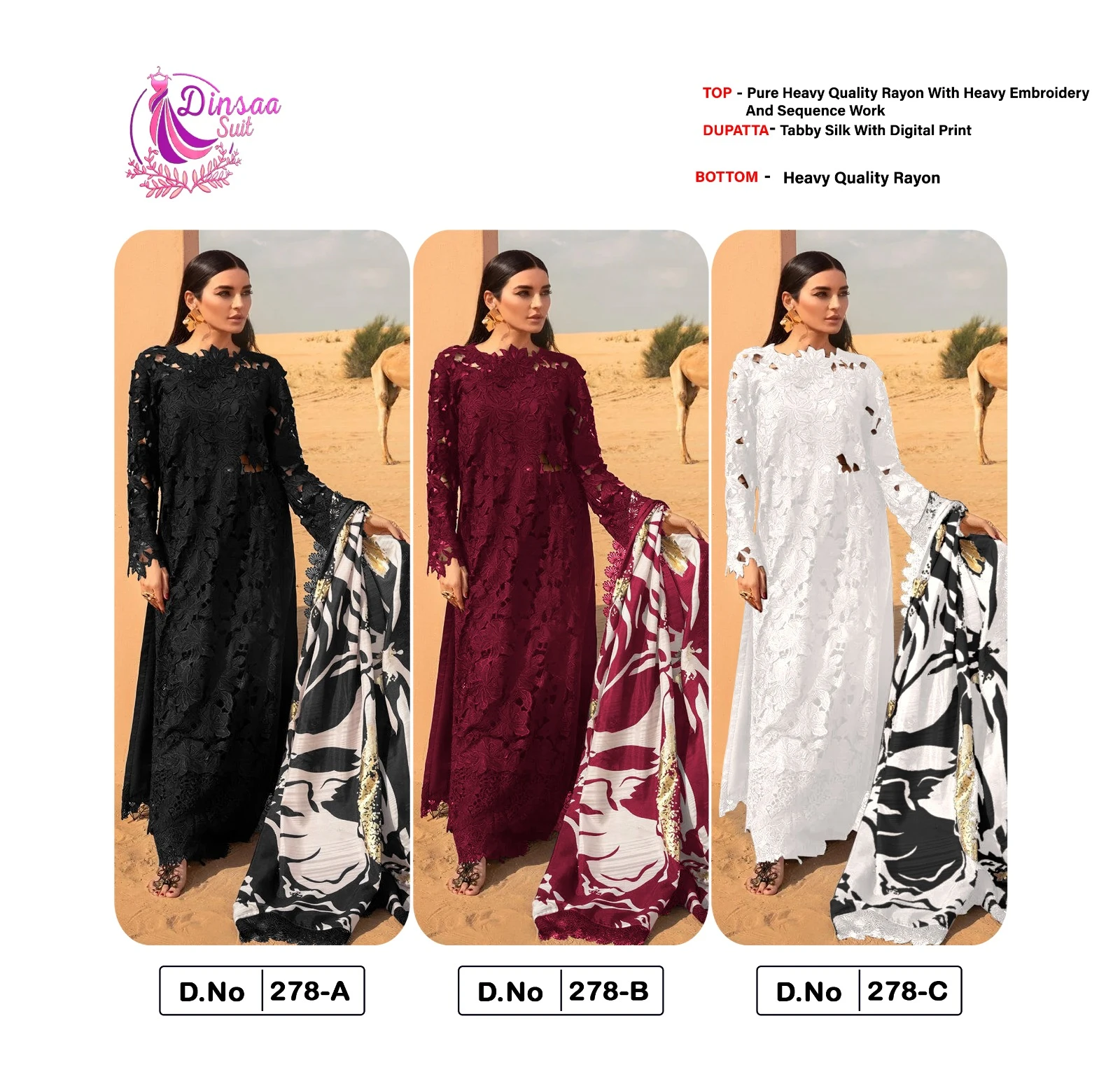 Dinsaa Suit D S No-278 A-B-C Heavy Rayon Wholesale Pakistani Salwar Suit Catalog — Wholesale Pakistani Suits, MPA wholesale from Surat — view 7